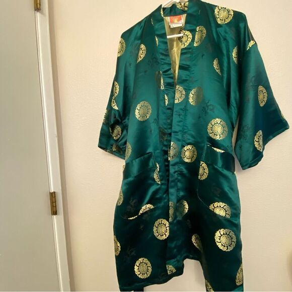 Emerald green Dragon gold medallion Asian Chinese Robe kimono OS - Picture 3 of 8